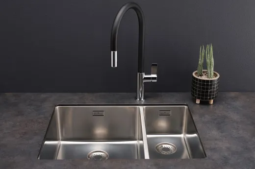 REGINOX K�chensp�le New York 50x40/18x40 (L) Comfort Becken links Einbausp�le 3 in 1 mit Flachrand Siebkorb als Stopfenventil