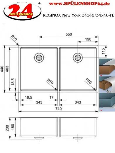 REGINOX Kchensple New York 34x40/34x40 (L) Comfort Einbausple 3 in 1 mit Flachrand Doppelbecken mit Siebkorb als Stopfenventil