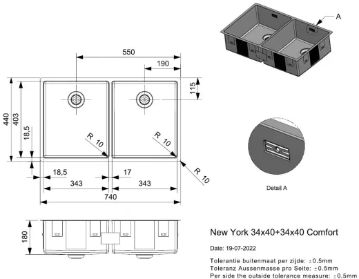 REGINOX K�chensp�le New York 34x40/34x40 (L) Comfort Einbausp�le 3 in 1 mit Flachrand Doppelbecken mit Siebkorb als Stopfenventil