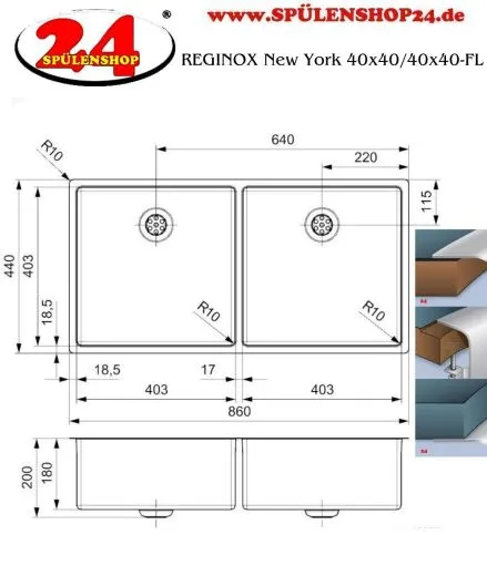 REGINOX Kchensple New York 40x40/40x40 (L) Comfort Einbausple 3 in 1 mit Flachrand Doppelbecken mit Siebkorb als Stopfenventil