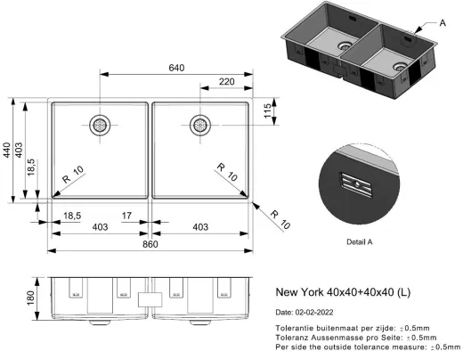 REGINOX K�chensp�le New York 40x40/40x40 (L) Comfort Einbausp�le 3 in 1 mit Flachrand Doppelbecken mit Siebkorb als Stopfenventil