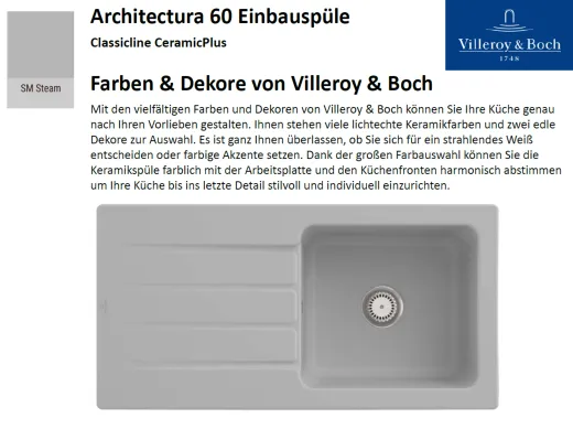 Villeroy & Boch ARCHITECTURA 60-Classicline Einbausple / Keramiksple in Standard Farben