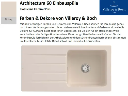 Villeroy & Boch ARCHITECTURA 60-Classicline Einbausple / Keramiksple in Standard Farben
