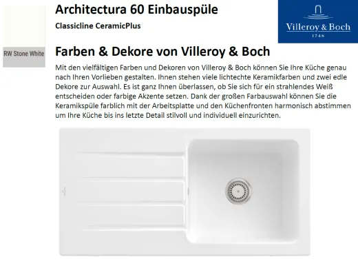 Villeroy & Boch ARCHITECTURA 60-Classicline Einbausple / Keramiksple in Standard Farben