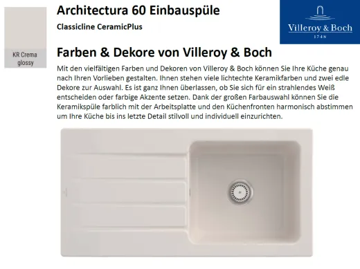 Villeroy & Boch ARCHITECTURA 60-Classicline Einbausple / Keramiksple in Standard Farben