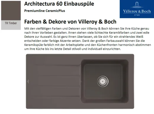 Villeroy & Boch ARCHITECTURA 60-Premiumline Einbausple / Keramiksple in Sonder Farben