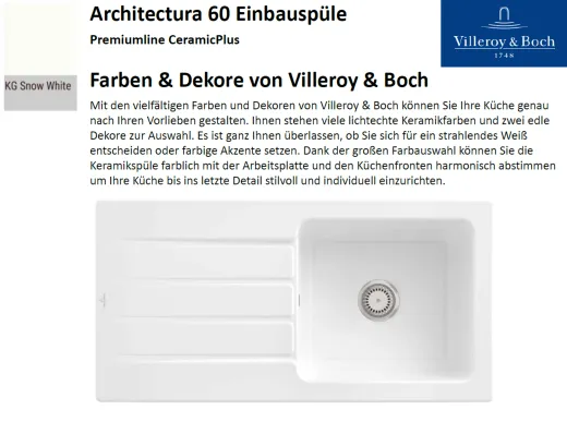 Villeroy & Boch ARCHITECTURA 60-Premiumline Einbausple / Keramiksple in Sonder Farben