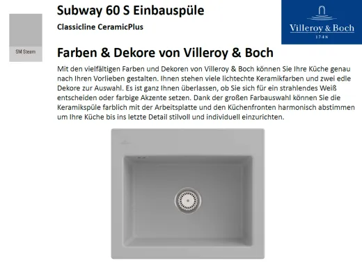 Villeroy & Boch SUBWAY 60S-Classicline Einbausple / Keramiksple in Standard Farben
