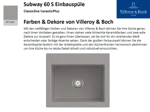 Villeroy & Boch SUBWAY 60S-Classicline Einbausple / Keramiksple in Standard Farben