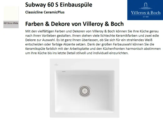 Villeroy & Boch SUBWAY 60S-Classicline Einbausple / Keramiksple in Standard Farben