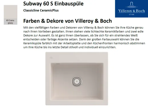 Villeroy & Boch SUBWAY 60S-Classicline Einbausple / Keramiksple in Standard Farben