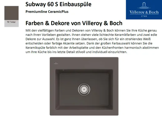 Villeroy & Boch SUBWAY 60S-Premiumline Einbausple / Keramiksple in Sonder Farben