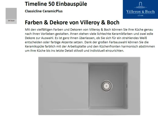 Villeroy & Boch TIMELINE 50-Classicline Einbausple / Keramiksple in Standard Farben