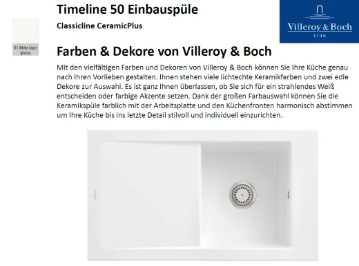 Villeroy & Boch TIMELINE 50-Classicline Einbausple / Keramiksple in Standard Farben