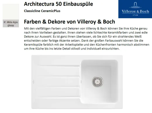 Villeroy & Boch ARCHITECTURA 50-Classicline Einbausple / Keramiksple in Standard Farben