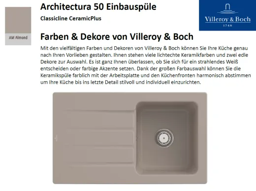 Villeroy & Boch ARCHITECTURA 50-Classicline Einbausple / Keramiksple in Standard Farben