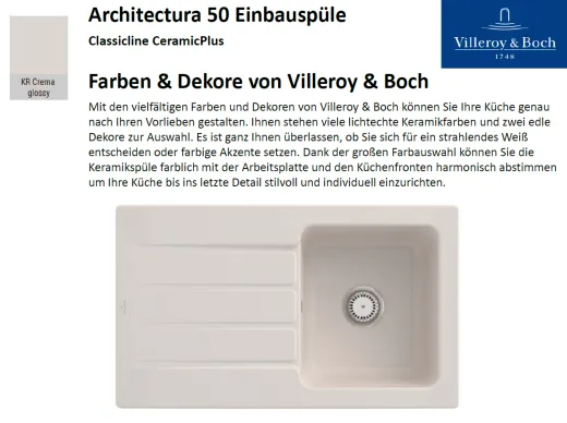 Villeroy & Boch ARCHITECTURA 50-Classicline Einbausple / Keramiksple in Standard Farben