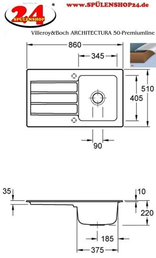Villeroy & Boch ARCHITECTURA 50-Premiumline Einbausple / Keramiksple in Sonder Farben