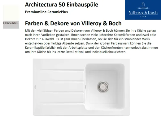 Villeroy & Boch ARCHITECTURA 50-Premiumline Einbausple / Keramiksple in Sonder Farben