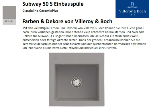 Villeroy & Boch SUBWAY 50 S-Classicline Einbausple / Keramiksple in Standard Farben