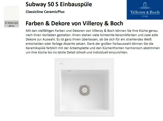 Villeroy & Boch SUBWAY 50 S-Classicline Einbausple / Keramiksple in Standard Farben