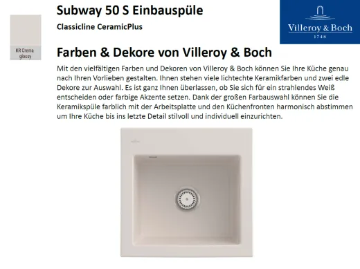 Villeroy & Boch SUBWAY 50 S-Classicline Einbausple / Keramiksple in Standard Farben