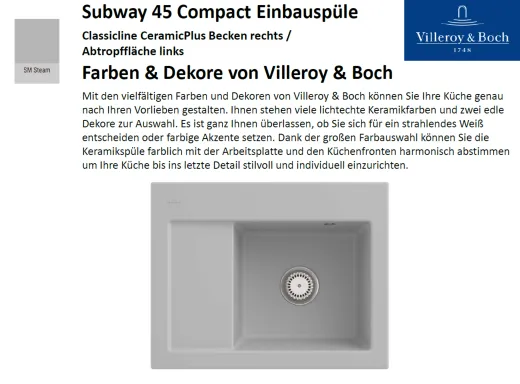 Villeroy & Boch SUBWAY 45 Compact BR-Classicline Einbausple / Keramiksple in Standard Farben