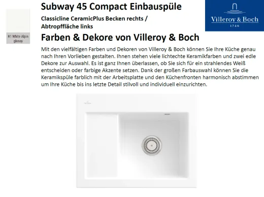 Villeroy & Boch SUBWAY 45 Compact BR-Classicline Einbausple / Keramiksple in Standard Farben