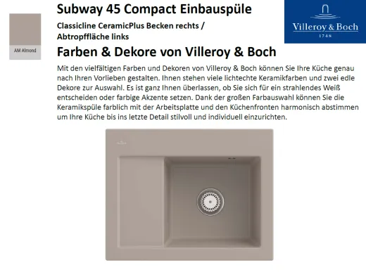 Villeroy & Boch SUBWAY 45 Compact BR-Classicline Einbausple / Keramiksple in Standard Farben
