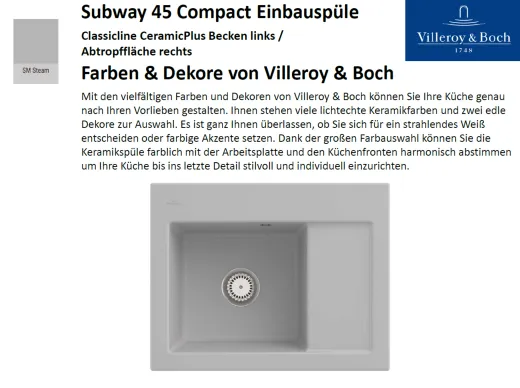 Villeroy & Boch SUBWAY 45 Compact BL-Classicline Einbausple / Keramiksple in Standard Farben