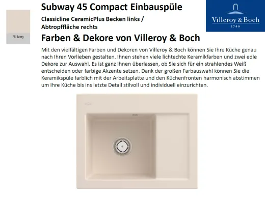 Villeroy & Boch SUBWAY 45 Compact BL-Classicline Einbausple / Keramiksple in Standard Farben