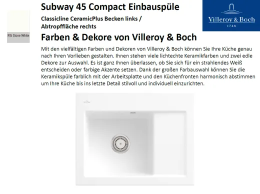Villeroy & Boch SUBWAY 45 Compact BL-Classicline Einbausple / Keramiksple in Standard Farben