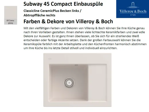 Villeroy & Boch SUBWAY 45 Compact BL-Classicline Einbausple / Keramiksple in Standard Farben