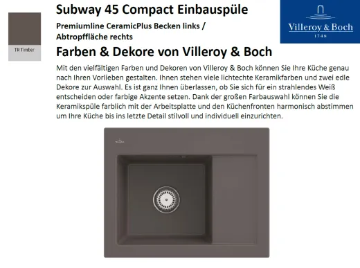 Villeroy & Boch SUBWAY 45 Compact BL-Premiumline Einbausple / Keramiksple in Sonder Farben