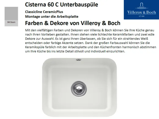 Villeroy & Boch CISTERNA 60 C UB-Classicline Unterbausple / Keramiksple in Standard Farben