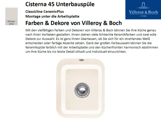 Villeroy & Boch CISTERNA 45 UB-Classicline Unterbausple / Keramiksple in Standard Farben