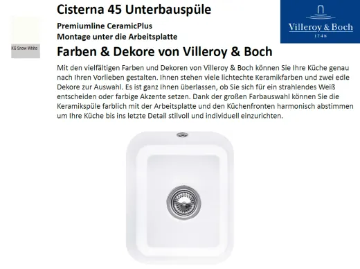 Villeroy & Boch CISTERNA 45 UB-Premiumline Unterbausple / Keramiksple in Sonder Farben