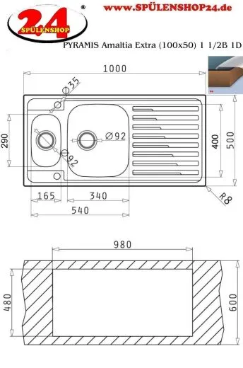 PYRAMIS Kchensple Amaltia Extra (100x50) 1 1/2B 1D Einbausple / Edelstahlsple Siebkorb als Drehknopfventil