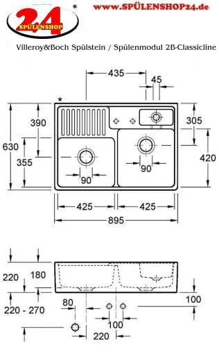 Villeroy & Boch Splstein / Splmodul Doppelbecken-Classicline Keramiksple in Standard Farben