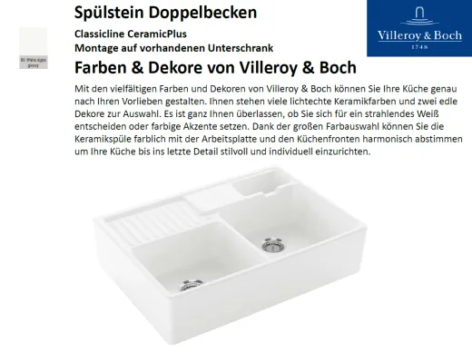 Villeroy & Boch Splstein / Splmodul Doppelbecken-Classicline Keramiksple in Standard Farben