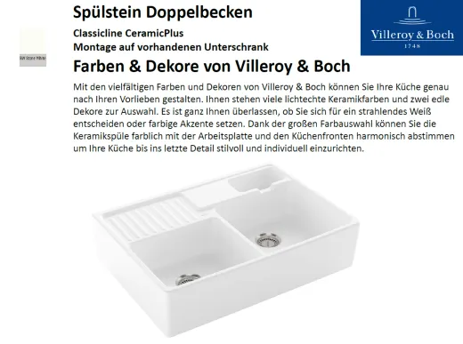 Villeroy & Boch Splstein / Splmodul Doppelbecken-Classicline Keramiksple in Standard Farben