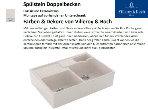 Villeroy & Boch Splstein / Splmodul Doppelbecken-Classicline Keramiksple in Standard Farben