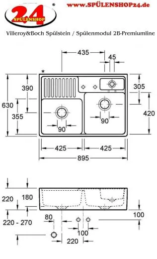 Villeroy & Boch Splstein / Splmodul Doppelbecken-Premiumline Keramiksple in Sonder Farben