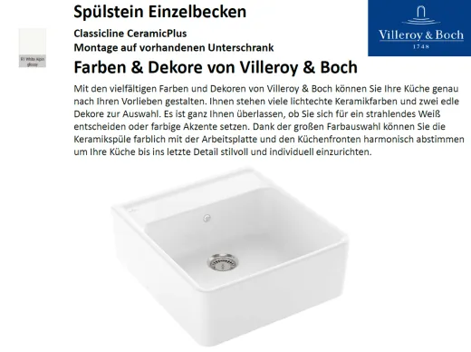 Villeroy & Boch Splstein / Splmodul Einzelbecken-Classicline Keramiksple in Standard Farben