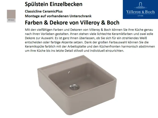Villeroy & Boch Splstein / Splmodul Einzelbecken-Classicline Keramiksple in Standard Farben
