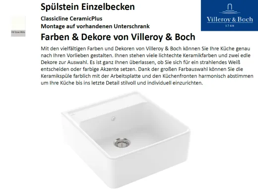 Villeroy & Boch Splstein / Splmodul Einzelbecken-Classicline Keramiksple in Standard Farben