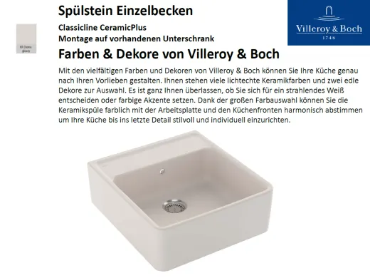 Villeroy & Boch Splstein / Splmodul Einzelbecken-Classicline Keramiksple in Standard Farben