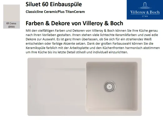 Villeroy & Boch SILUET 60-Classicline Einbausple / Keramiksple aus TitanCeram in Standard Farben