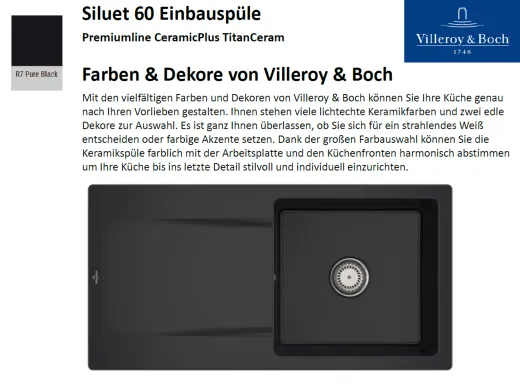 Villeroy & Boch SILUET 60-Premiumline Einbausple / Keramiksple aus TitanCeram in Sonder Farben