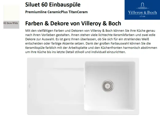 Villeroy & Boch SILUET 60-Premiumline Einbausple / Keramiksple aus TitanCeram in Sonder Farben
